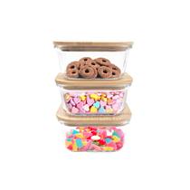kit 3 potes de vidro 550ml com tampa de bambu hermético marmita quadrados - Tud