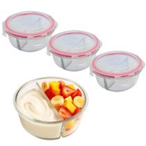 Kit 3 Potes De Vidro 630ml 2 Divisórias Hermético Marmita Fit Com Trava Redonda