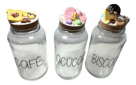 - Kit 3 Potes De Vidro 810ml - Tampa Rolha Decorado C/ Biscuit