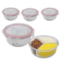 Kit 3 Potes De Vidro 875ml 3 Divisórias Hermético Marmita Fit Com Trava Redonda