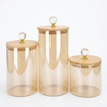 Kit 3 Potes de Vidro Âmbar Liso com Tampa de Bambu Hermético Porta Mantimentos para Cozinha