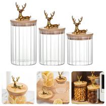Kit 3 Potes de Vidro Decorativos com Tampa de Bambu e Alce Dourado Porta Mantimentos Elegante Kit 3 Potes de Vidro Decorativos com Tampa de Bambu e Alce Dourado Porta Mantimentos Elegante