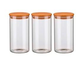 Kit 3 Potes de Vidro Hermético 1300ml Com Tampa de Madeira Bambu Porta Condimentos