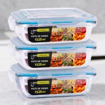 Kit 3 Potes De Vidro Hermético 1520ml Com Trava Vedação Para Mantimentos Alimentos Cozinha