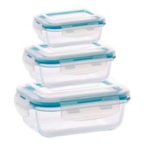 Kit 3 Potes de Vidro Hermetico 3 Tamanhos Retangular Marmita Fitness