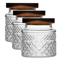 Kit 3 Potes De Vidro Hermético 600ml Com Tampa De Madeira Elegante
