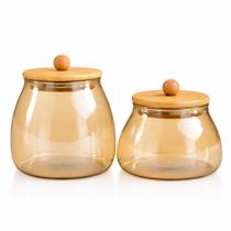 Kit 3 Potes de Vidro Hermético Âmbar com Tampa de Bambu Bolinha Porta Mantimentos Cozinha Kit 3 Potes de Vidro Hermético Âmbar com Tampa de Bambu Bolinha Porta Mantimentos Cozinha