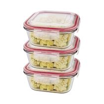 Kit 3 Potes De Vidro Hermético Quadrado Tampa Lock Marmita Mantimento 800ml