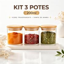 Kit 3 potes de vidro hermético tampa de bambu 200ml Kit 3 potes de vidro hermético tampa de bambu 200ml