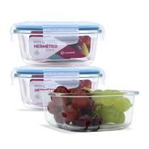 KIT 3 Potes de Vidro Quadrado com Tampa Hermética 520ml KIT 3 Potes de Vidro Quadrado com Tampa Hermética 520ml