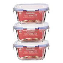Kit 3 Potes De Vidro Quadrado Tampa Hermética Marmita 520ml
