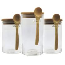 Kit 3 Potes de Vidro Redondo com Tampa de Bambu Hermético Colher Cozinha