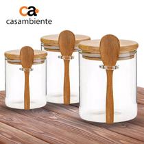Kit 3 Potes de Vidro Redondo Tampa Bambu Hermético Com Colher P M G - CASAMBIENTE