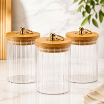 Kit 3 Potes de Vidro Tampa Bambu Com Puxador Dourado 550 ml