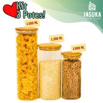 Kit 3 Potes de Vidro Tampa de Bambu e Fechamento Hermético com Vedação em Silicone 1500ml, 1200ml e 1000ml