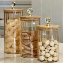 Kit 3 Potes de Vidro Tampa de Bambu Hermético Porta Mantimentos Canelado Âmbar com Cristal Luxo Cozinha Decoração Porta Mantimento Vidro