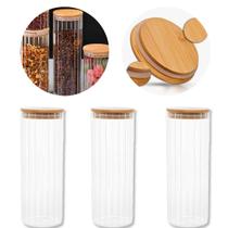 Kit 3 Potes De Vidro Tampa De Bambu Porta Mantimentos 1000ml