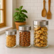 Kit 3 Potes de Vidro Tampa Inox Mantimentos Café Biscoito Doces Enfeite Vasilha Recipiente Grãos