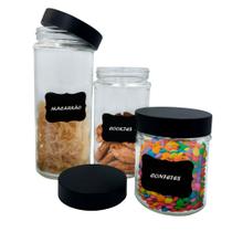 Kit 3 Potes de Vidro Transparente Redondo Cilíndrico para Alimentos e Mantimentos C/ Tampa e Adesivo Lousa P/ Escrever