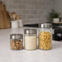 Kit 3 Potes em Vidro Com Tampa - Inox Kit 3 Potes em Vidro Com Tampa - Inox