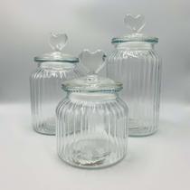 Kit 3 Potes em Vidro Redondo Tampa com Coração Transparente