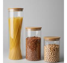 Kit 3 Potes Hermético De Vidro Com Tampa Bambu 700ml/1100/2itros