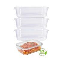 Kit 3 Potes Hermético Marmita de Vidro Retangular 640ml Mor