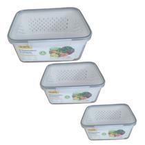 Kit 3 Potes Hermético Organizador de Geladeira para Alimentos e Frutas com Cestos Removível Kit 3 Potes Hermético Organizador de Geladeira para Alimentos e Frutas com Cestos Removível
