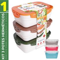 Kit 3 Potes Herméticos 1L c/ Tampa Trava Freezer Microondas Kit 3 Potes Herméticos 1L c/ Tampa Trava Freezer Microondas