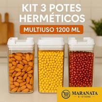 Kit 3 Potes Herméticos Acrílico 1200ml Com Tampa Vedação + 6 Colheres Adesivos Organização Cozinha