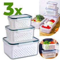 Kit 3 Potes Herméticos Com Escorredor Cesto Organizador De Geladeira Linha Premium