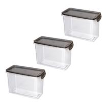 Kit 3 Potes Herméticos com Travas 1,9L Plasútil Tampa Preto Empilhável Comida Armazenamento Prático