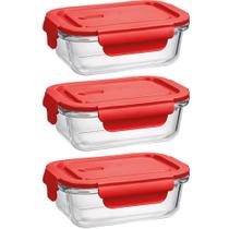 Kit 3 Potes Herméticos de Vidro Borossilicato 410ml Retangulares Vermelho Uz Porta Mantimentos Marmita