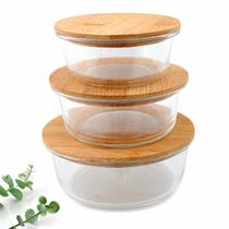 Kit 3 Potes Herméticos de Vidro com Tampa de Bambu Organizadores para Cozinha, Mantimentos e Geladeira