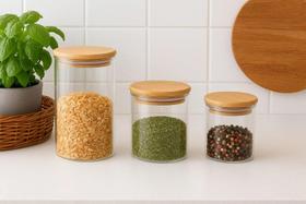 Kit 3 Potes Herméticos de Vidro com Tampa de Bambu Redondo 195ml, 350ml e 550 ml