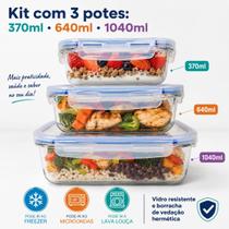 Kit 3 Potes Herméticos de Vidro com Tampa Trava e Vedação 370ml 640ml 1040ml Cozinha Marmita Fitness