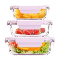 Kit 3 Potes Herméticos de Vidro Conjunto para Armazenamento de Alimentos Rosa