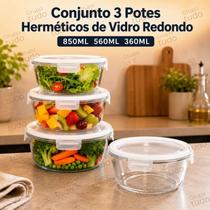 Kit 3 Potes Herméticos de Vidro Redondo 850ML 560ML 360ML Kit 3 Potes Herméticos de Vidro Redondo 850ML 560ML 360ML