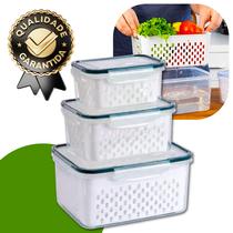 Kit 3 Potes Herméticos Geladeira Com Cesto Escorredor De Agua Para Alimentos Top