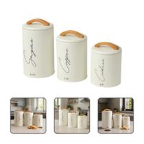 Kit 3 Potes Herméticos Mantimentos Lata Com Tampa E Alça Em Bambu Açúcar Café E Cookies