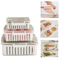 Kit 3 potes hermeticos organizador geladeira fresh box com cesta escorredor removivel acrilico marmita frutas legumes al