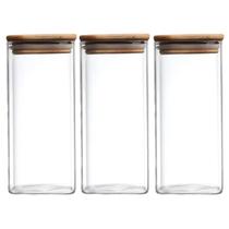 Kit 3 Potes Herméticos Organizadores de Vidro com Tampa de Bambu Macarrão Biscoitos Alimentos Transparente 2100ml PF08 G