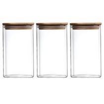 Kit 3 Potes Herméticos Organizadores de Vidro com Tampa de Bambu Macarrão Biscoitos Alimentos Transparente 750ml PF08 D