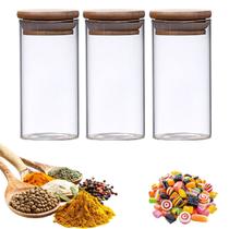 Kit 3 Potes Herméticos Organizadores de Vidro Tampa de Bambu Doces Balas Biscoitos Alimentos Transparente 300ml PF09 B2