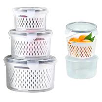 Kit 3 Potes Herméticos Plástico Transparente Com Cesto de Lavar Conservador Legumes Frutas e Verduras