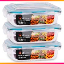 Kit 3 Potes Herméticos Retangular Vidro Freezer Microondas Com Tampa Transparente 1500ML