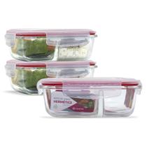 Kit 3 Potes Herméticos Vidro Com Divisória 640ml Marmita