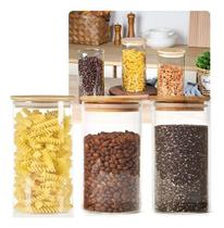 Kit 3 Potes Herméticos Vidro Porta Mantimentos Tampa Bambu