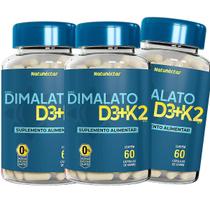Kit 3 Potes Magnésio Dimalato Vitaminas D3 + K2 Suplemento Alimentar Natural 180 Cápsulas 100% Puro Original Concentrado Natunéctar
