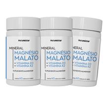Kit 3 Potes Magnésio Malato Vitaminas D3 K2 Suplemento Alimentar Natural 180 Cápsulas 100 Puro Original Concentrado Natunéctar